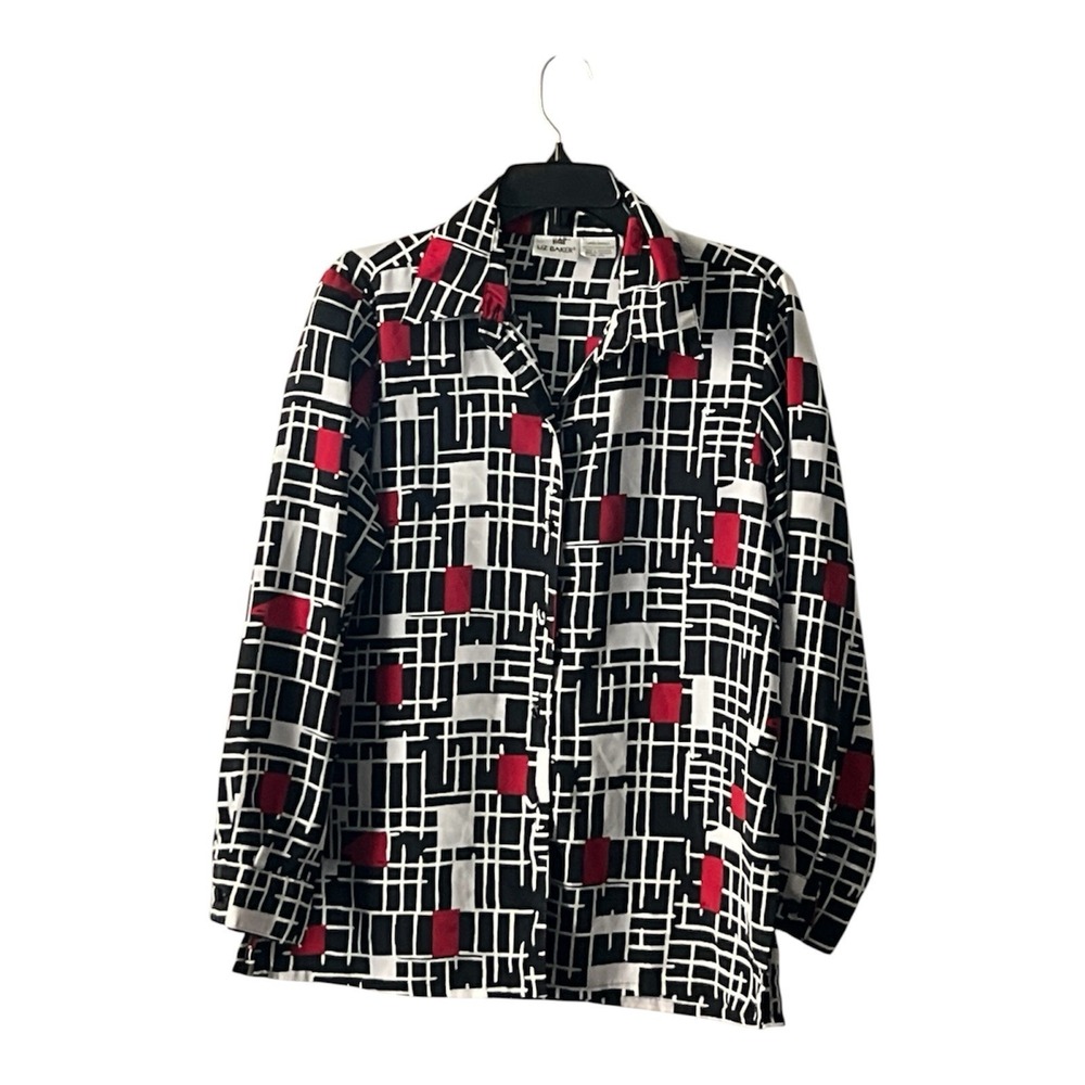 Liz Baker‎ Vintage Geometric Grid Print Long Sleeve Button Up Blouse Size L